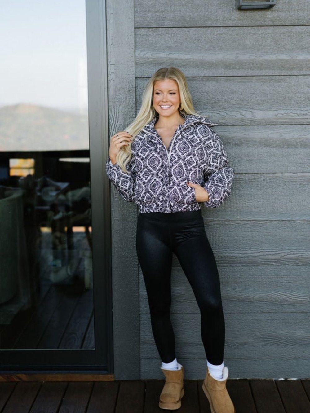 Cropped Zip-Front Jacket in Black and White Geo Print